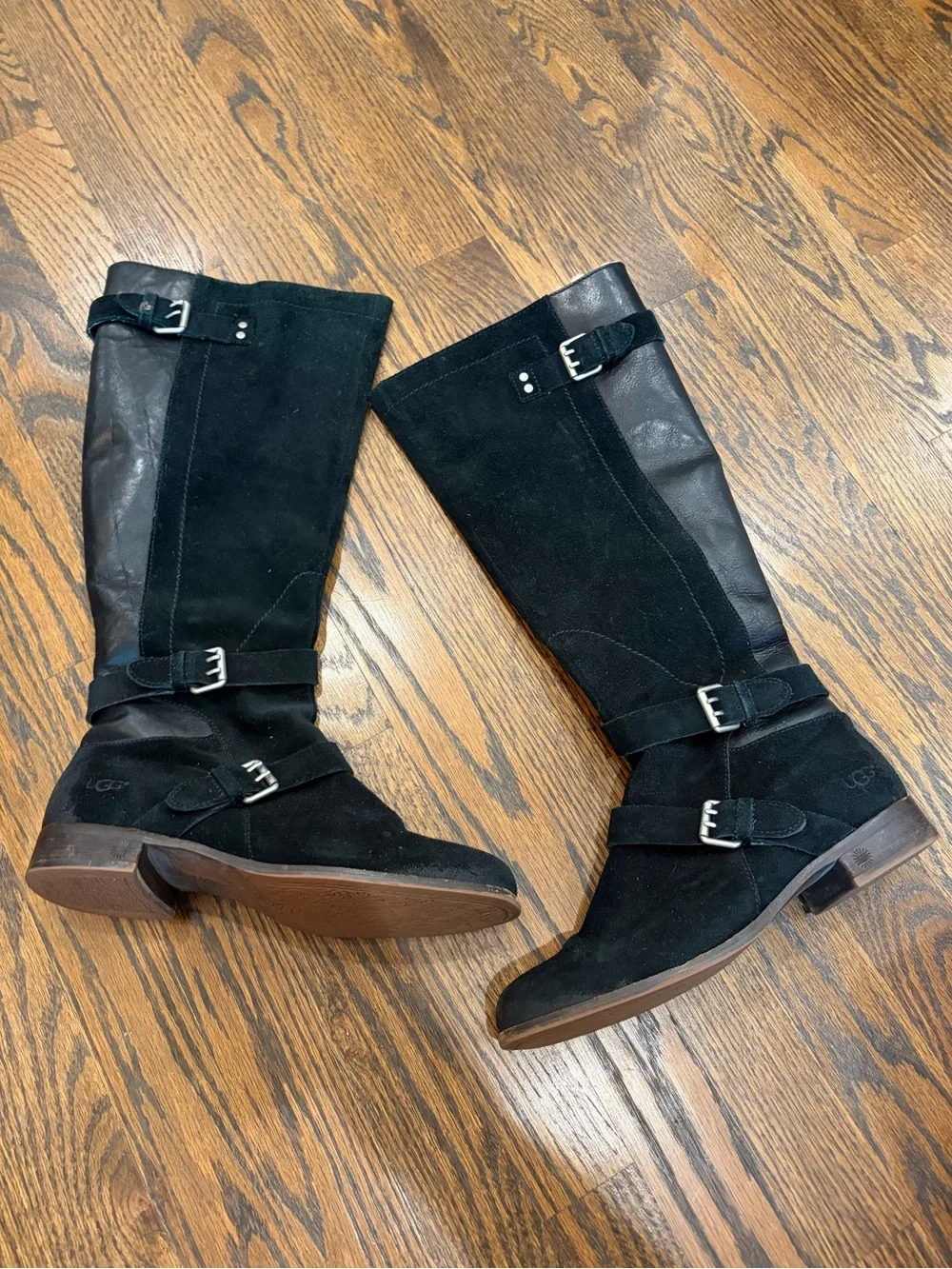 UGG Cydnee Black Suede Leather Buckle Shearling Lined Riding Campus Boots